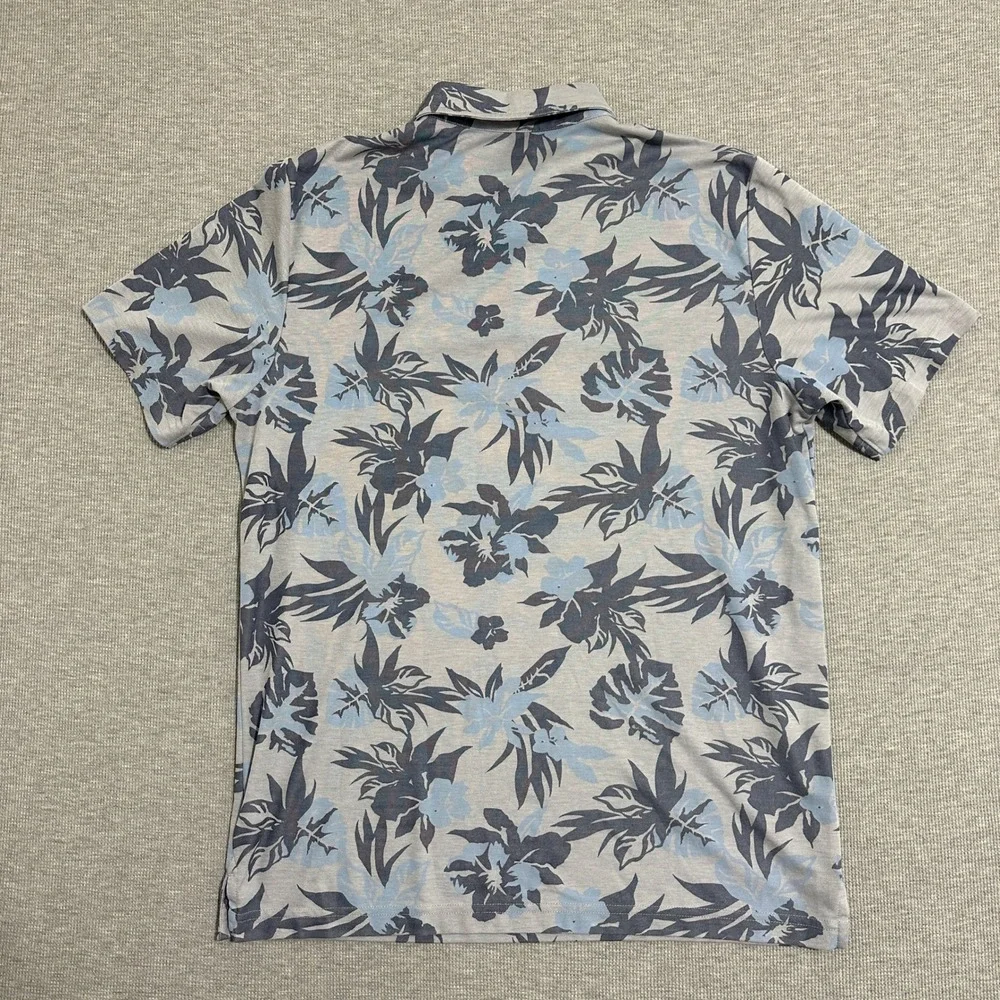 TravisMathew Floral Polo Shirt Tropical Leaf Print Gray‎ Blue Mens Size Large